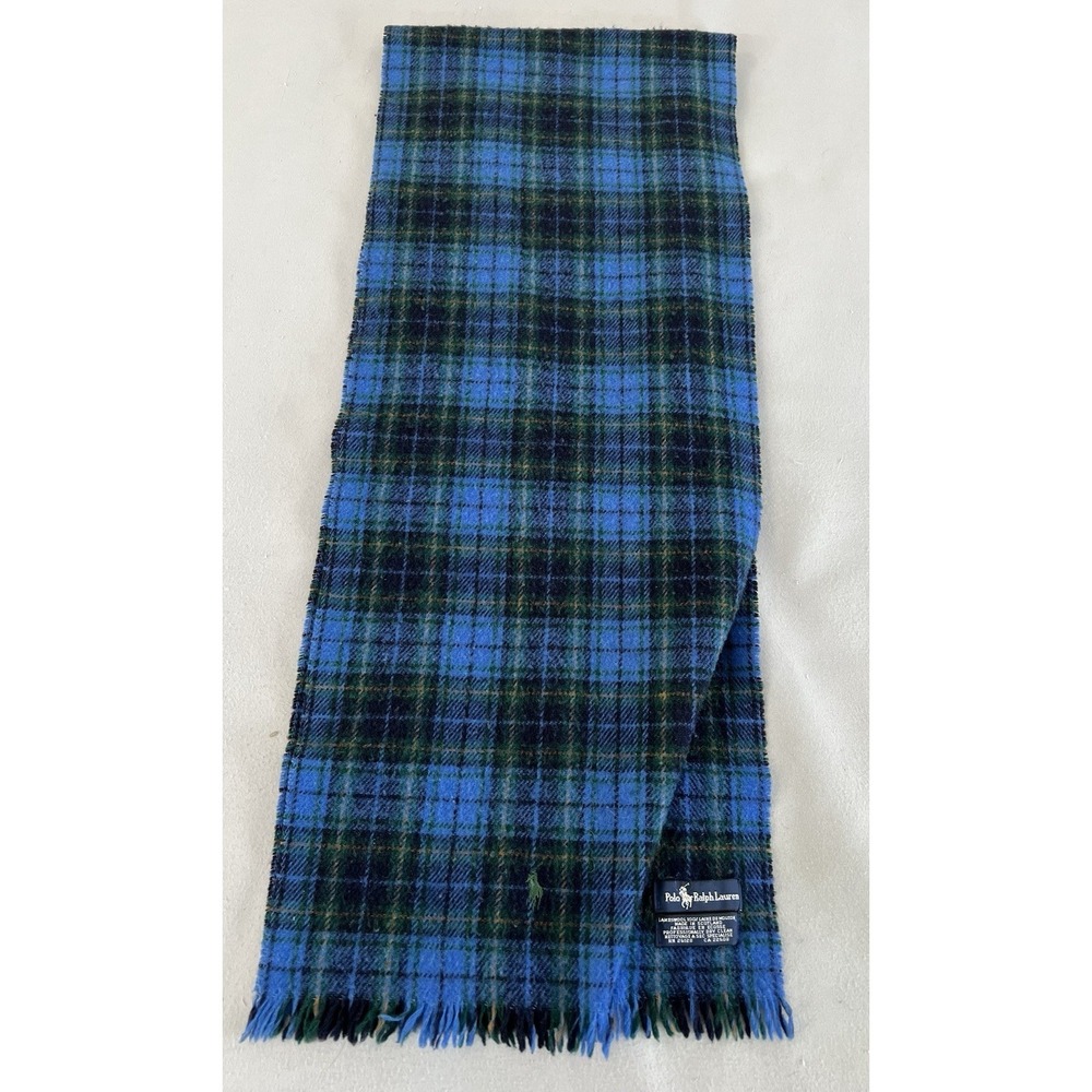 VTG Polo Ralph Lauren Men's Lambwool Plaid Scarf Green Blue 56"x11" Scotland Y2K